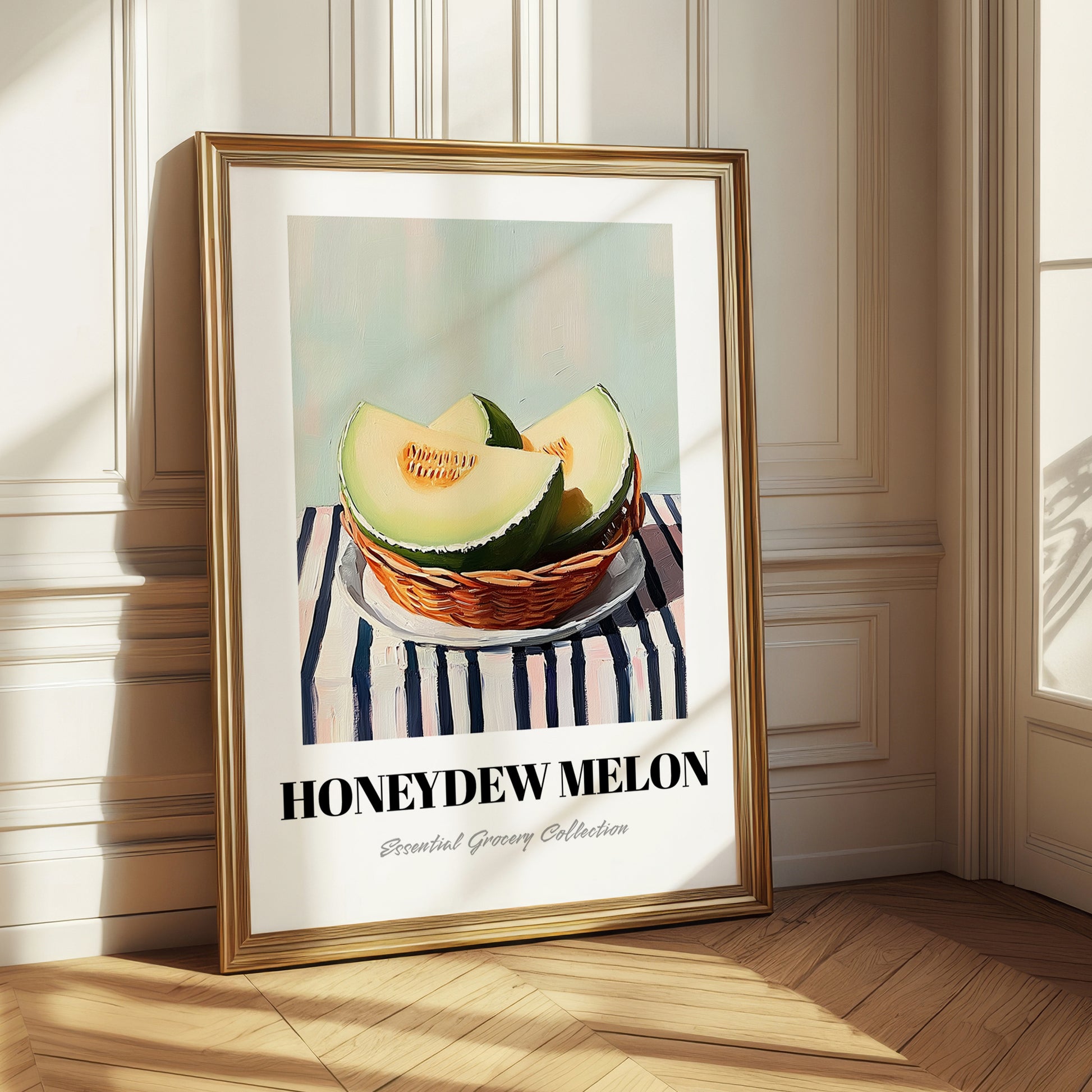 Honeydew Melon – on Striped Tablecloth, Fruit Wall Decor