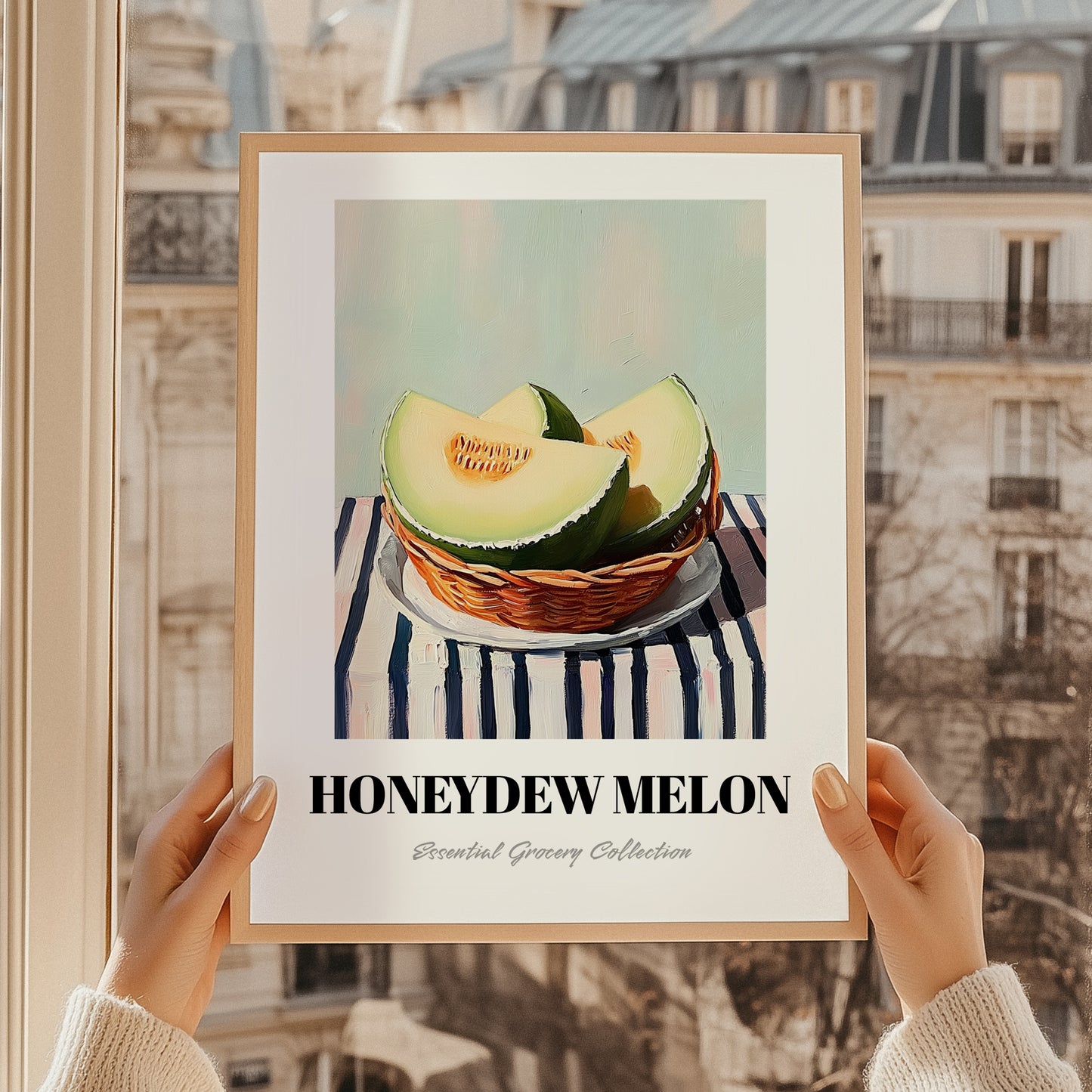 Honeydew Melon – on Striped Tablecloth, Fruit Wall Decor, styled in a charming Paris street view