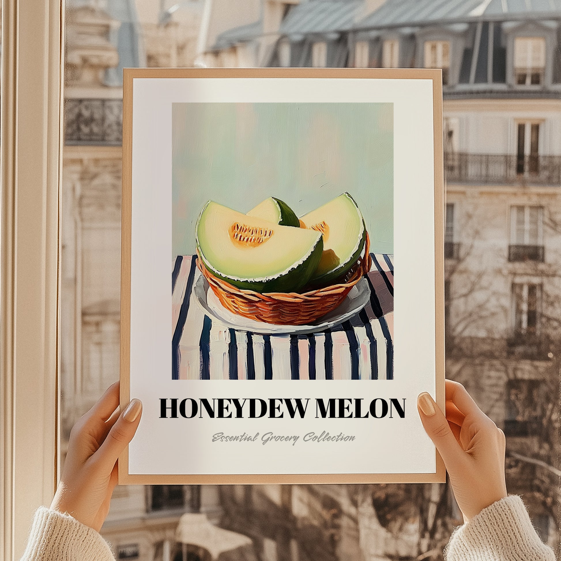 Honeydew Melon – on Striped Tablecloth, Fruit Wall Decor, styled in a charming Paris street view