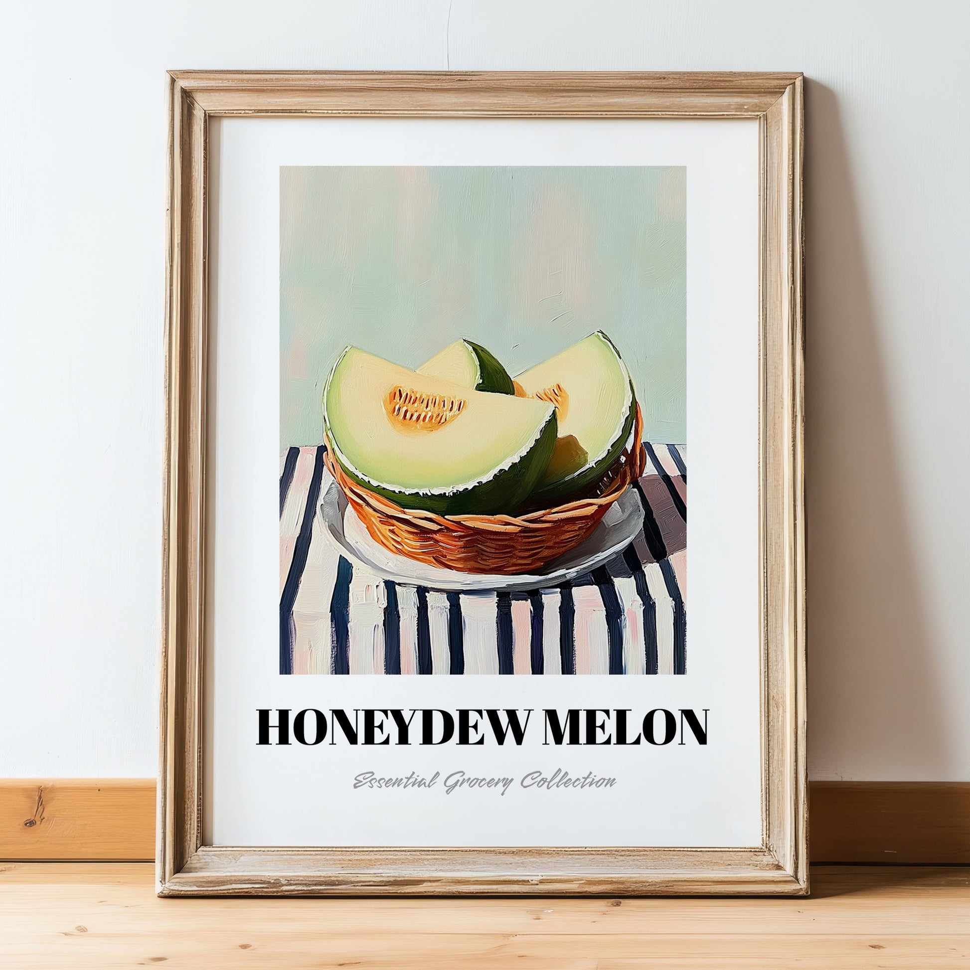 Honeydew Melon – on Striped Tablecloth, Fruit Wall Decor, in wooden frame leaning on the floor