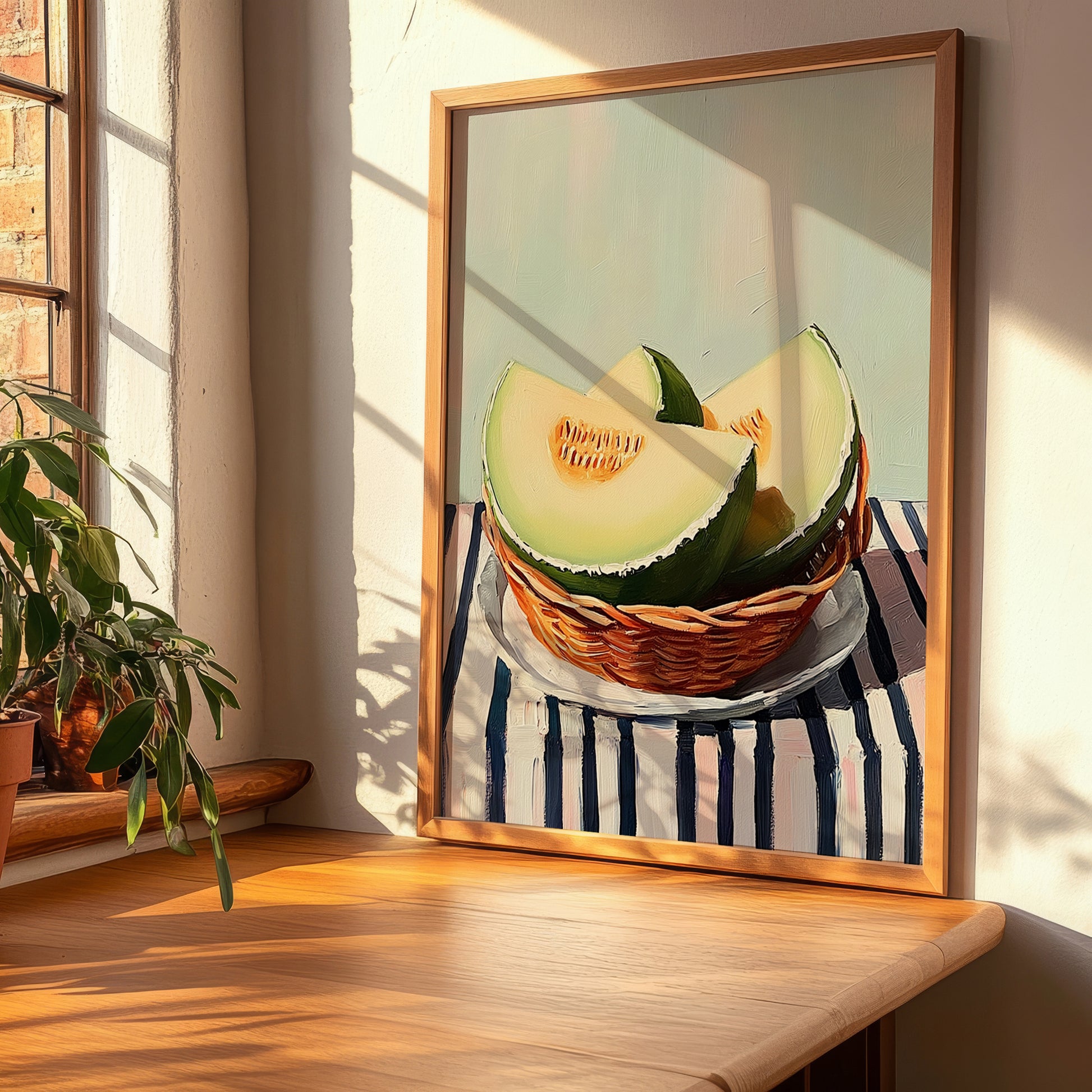 Honeydew Melon – on Striped Tablecloth, Fruit Wall Decor, clean layout with no caption