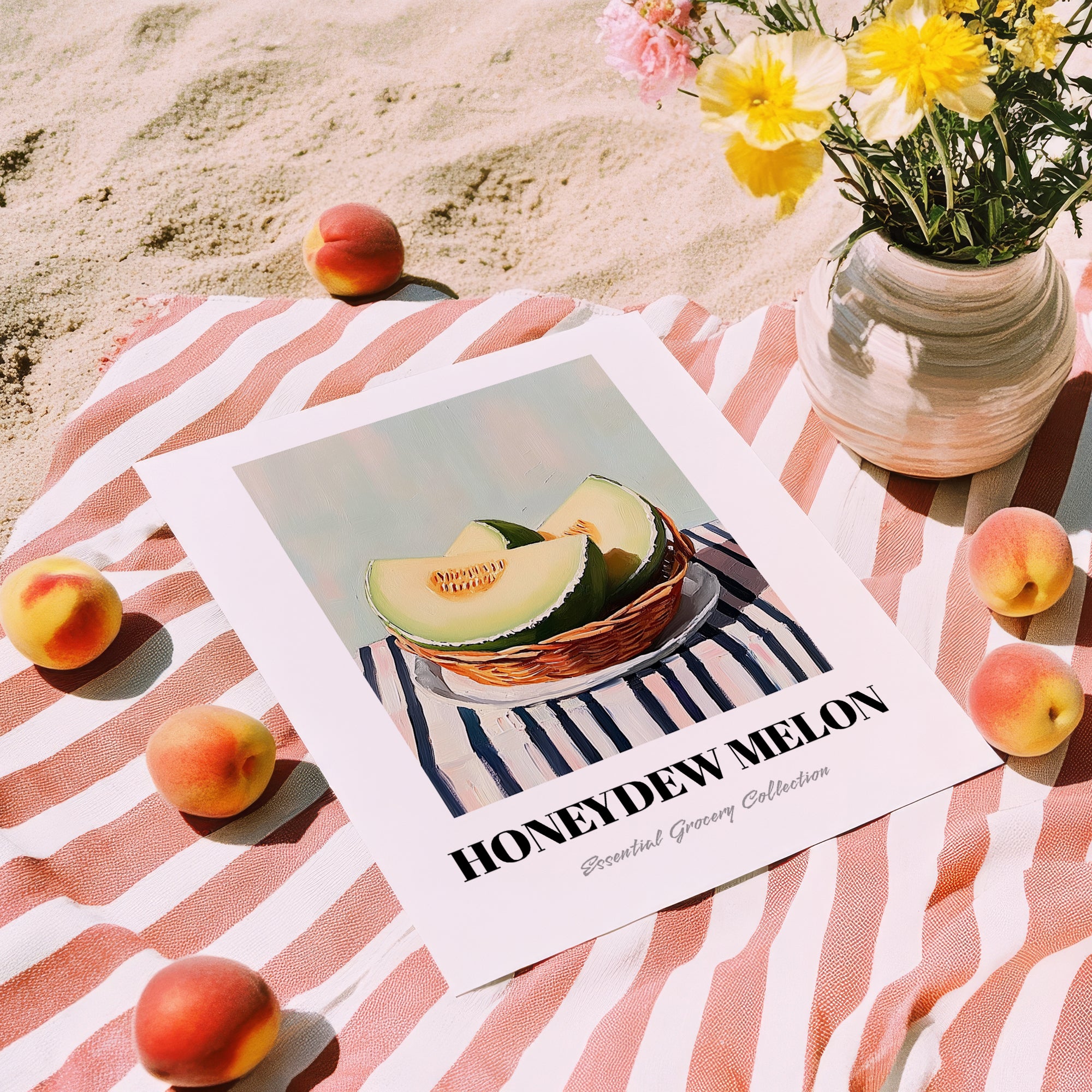 Honeydew Melon – on Striped Tablecloth, Fruit Wall Decor, unframed on coastal sand