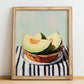 Honeydew Melon – on Striped Tablecloth, Fruit Wall Decor, no-text version framed in wood