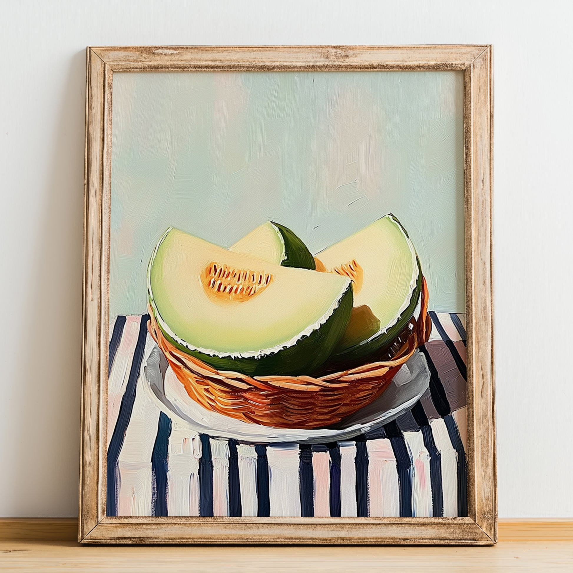Honeydew Melon – on Striped Tablecloth, Fruit Wall Decor, no-text version framed in wood