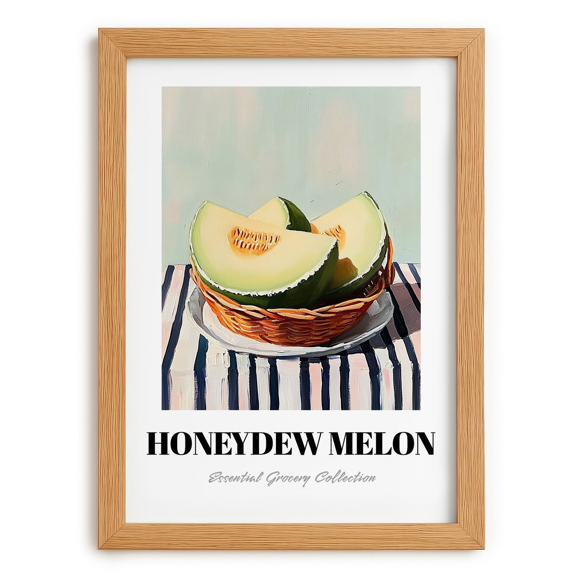 Honeydew Melon – on Striped Tablecloth, Fruit Wall Decor, set in oak frame