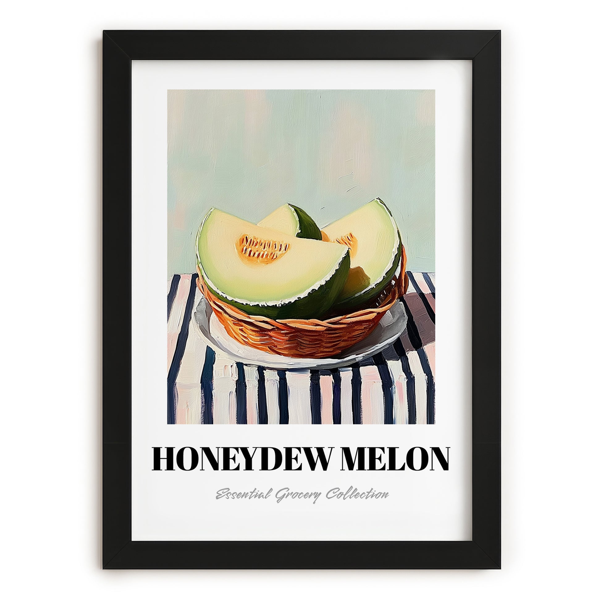 Honeydew Melon – on Striped Tablecloth, Fruit Wall Decor, in sleek black frame
