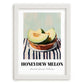 Honeydew Melon – on Striped Tablecloth, Fruit Wall Decor, placed in minimal white frame