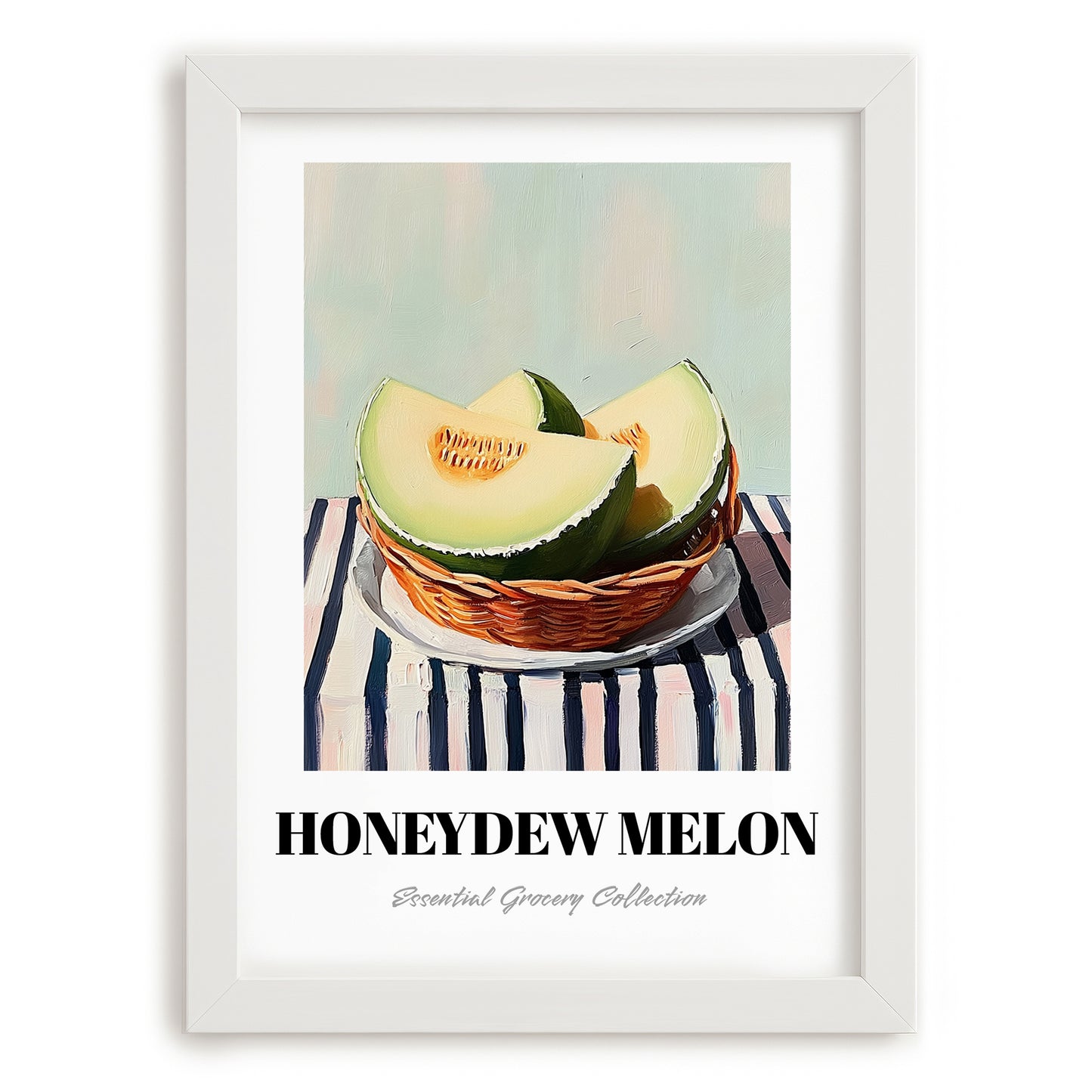 Honeydew Melon – on Striped Tablecloth, Fruit Wall Decor, placed in minimal white frame