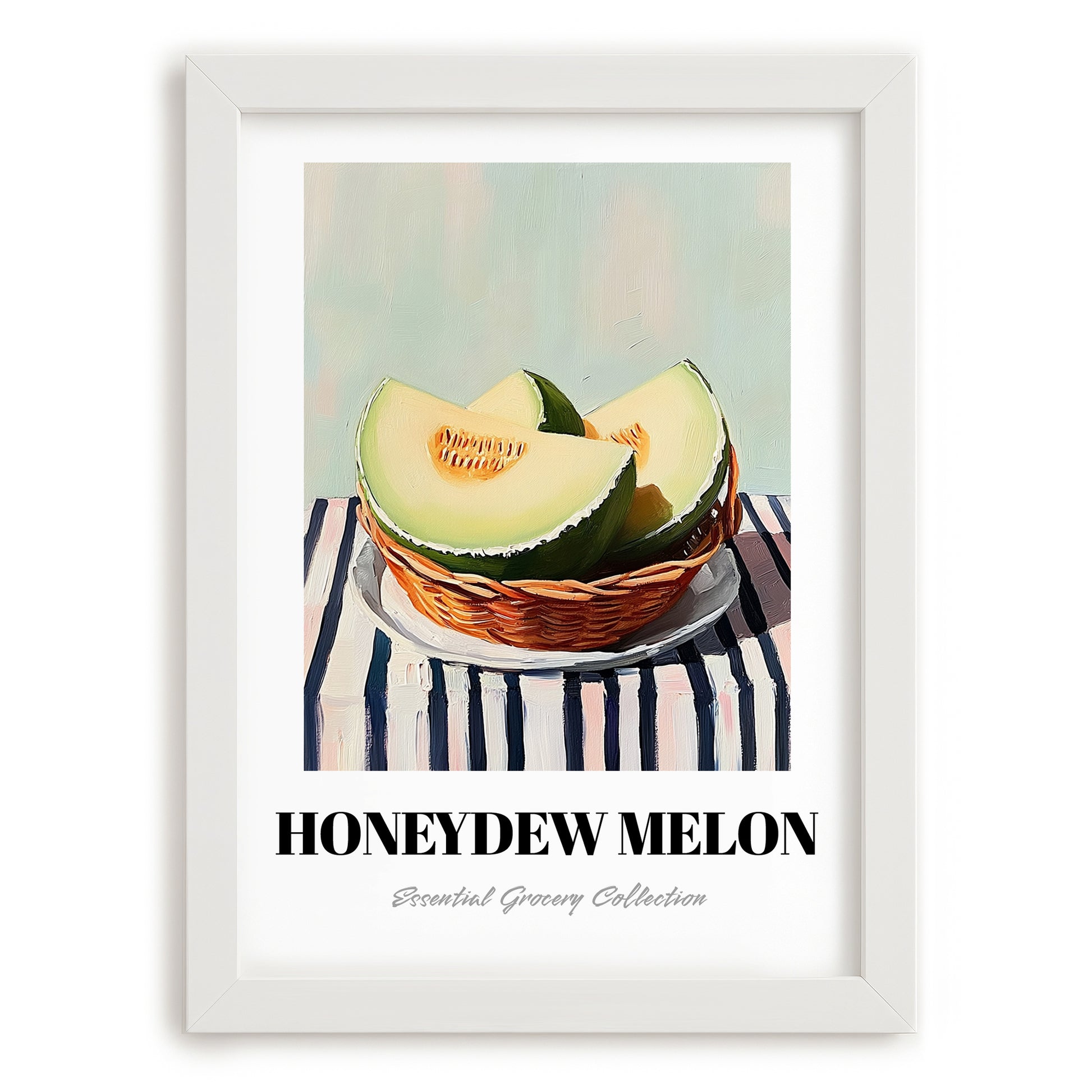 Honeydew Melon – on Striped Tablecloth, Fruit Wall Decor, placed in minimal white frame