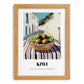 Kiwi – White village Outdoor Café Scene, Fruit Wall Art, set in oak frame