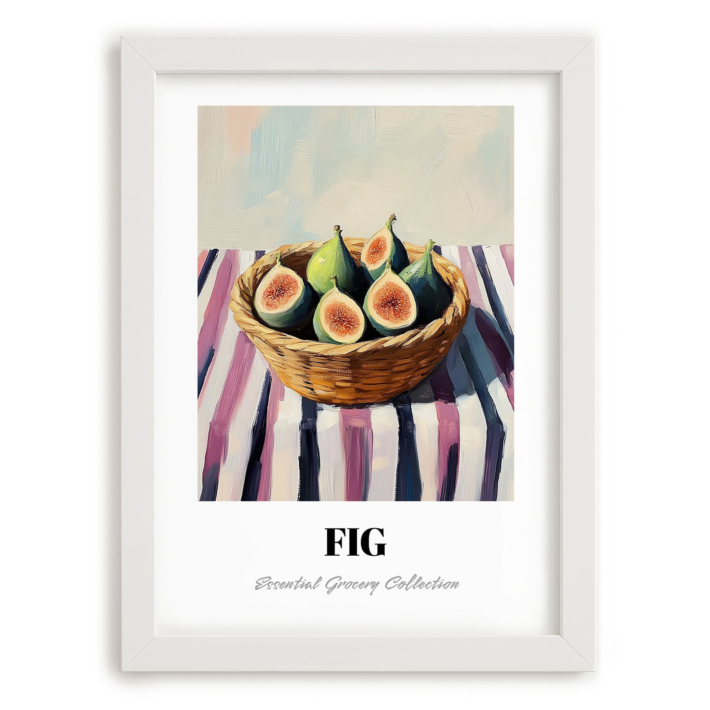 Fig – on Striped Tablecloth, Fruit Still Life, placed in minimal white frame