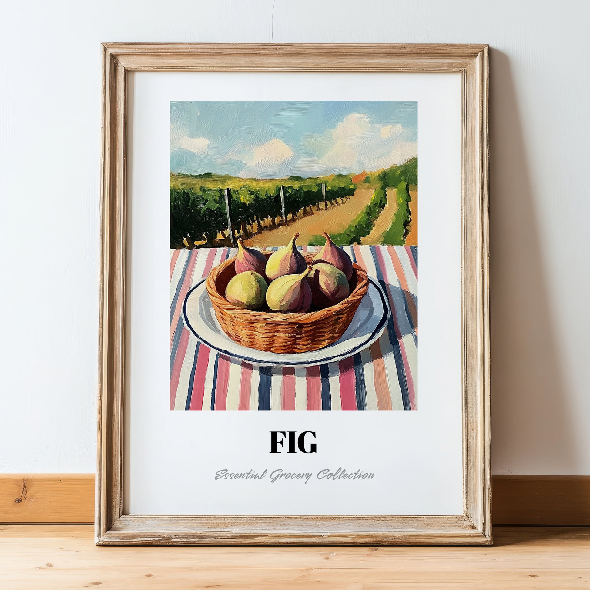 Fig – Valley Café Scene, Fruit Still Life, in wooden frame leaning on the floor