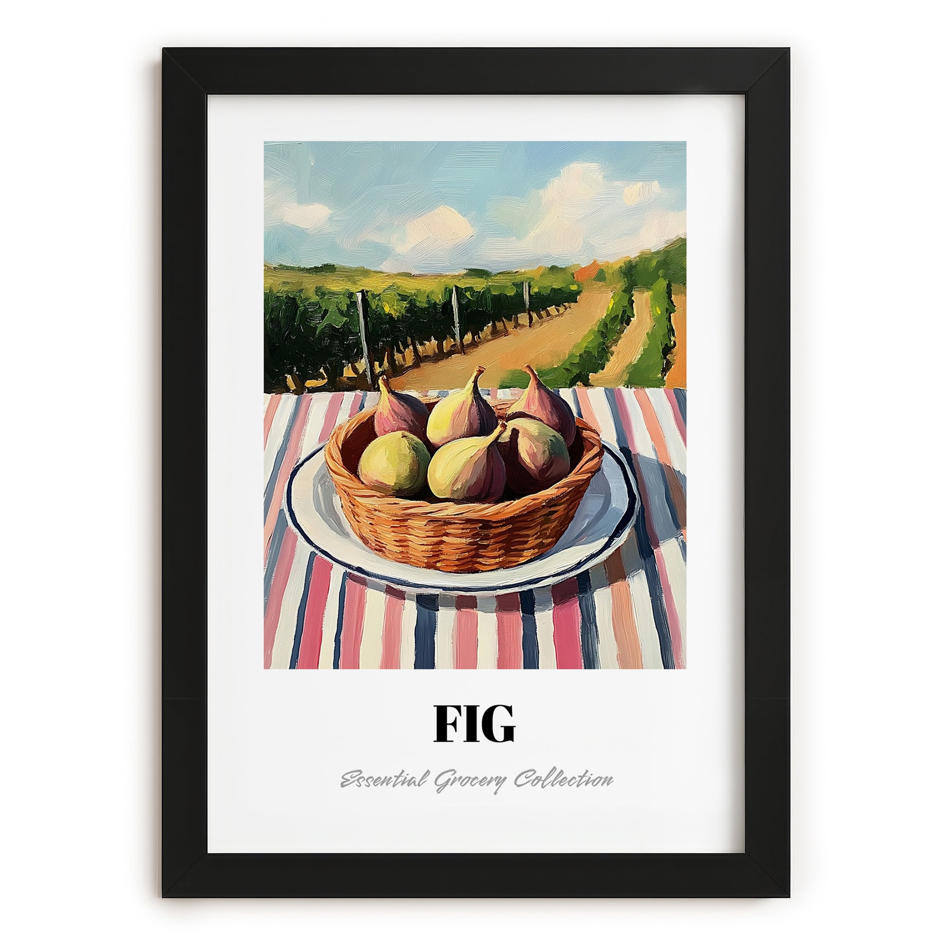 Fig – Valley Café Scene, Fruit Still Life, in sleek black frame