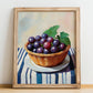 Grape – on Striped Tablecloth, Fruit Wall Decor, no-text version framed in wood