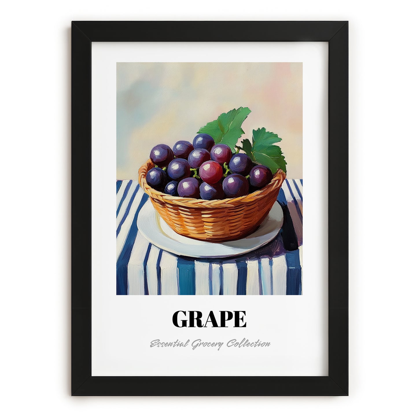 Grape – on Striped Tablecloth, Fruit Wall Decor, in sleek black frame