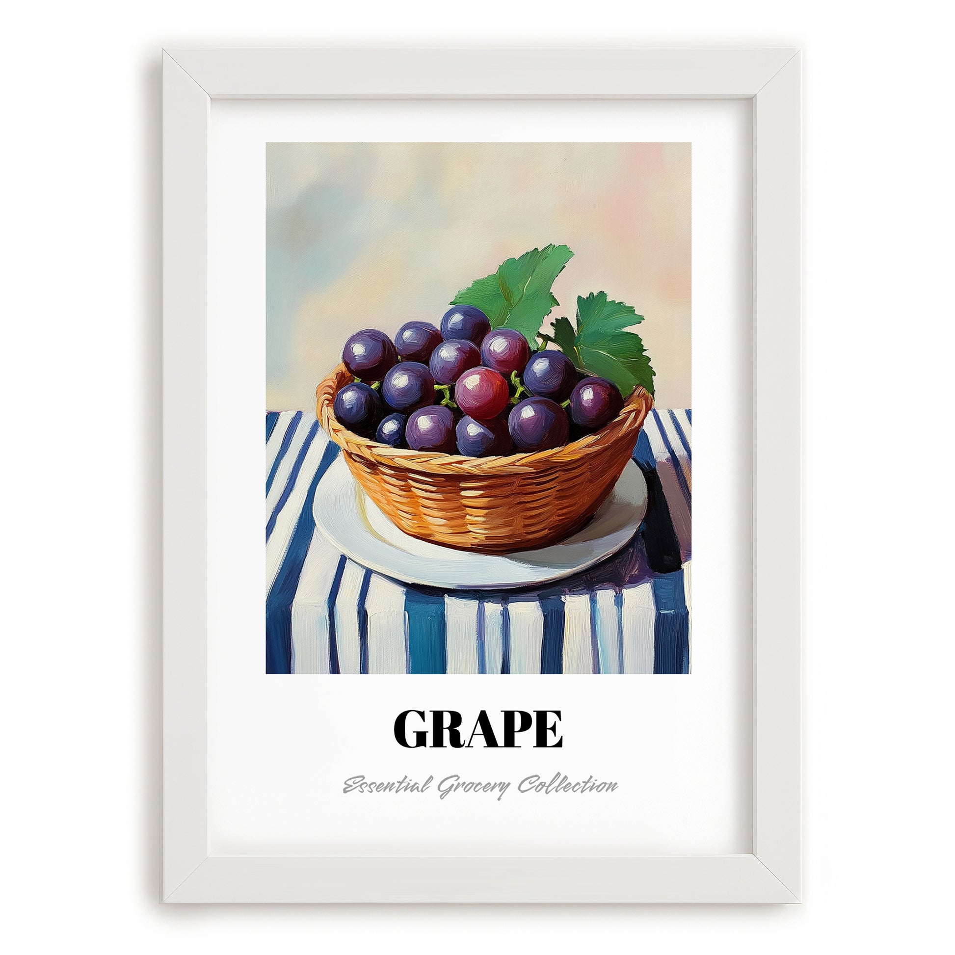 Grape – on Striped Tablecloth, Fruit Wall Decor, placed in minimal white frame