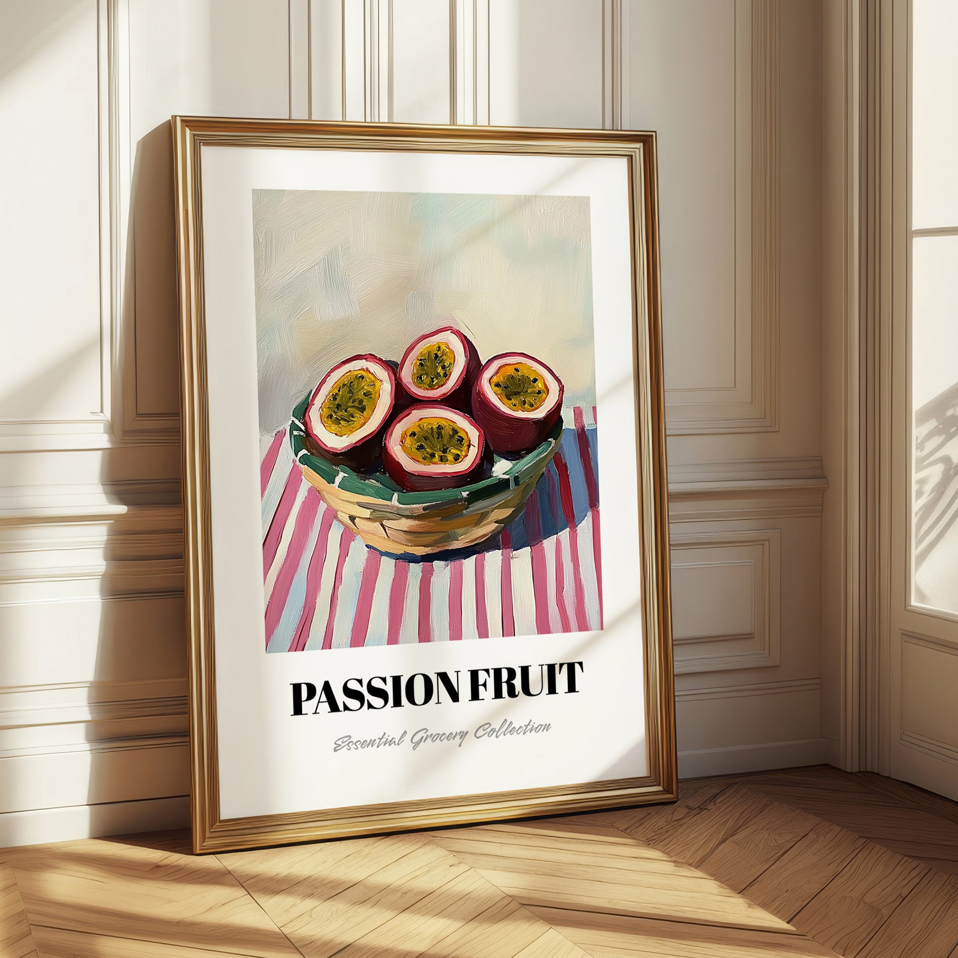 Passion Fruit – on Striped Tablecloth, Fruit Wall Decor