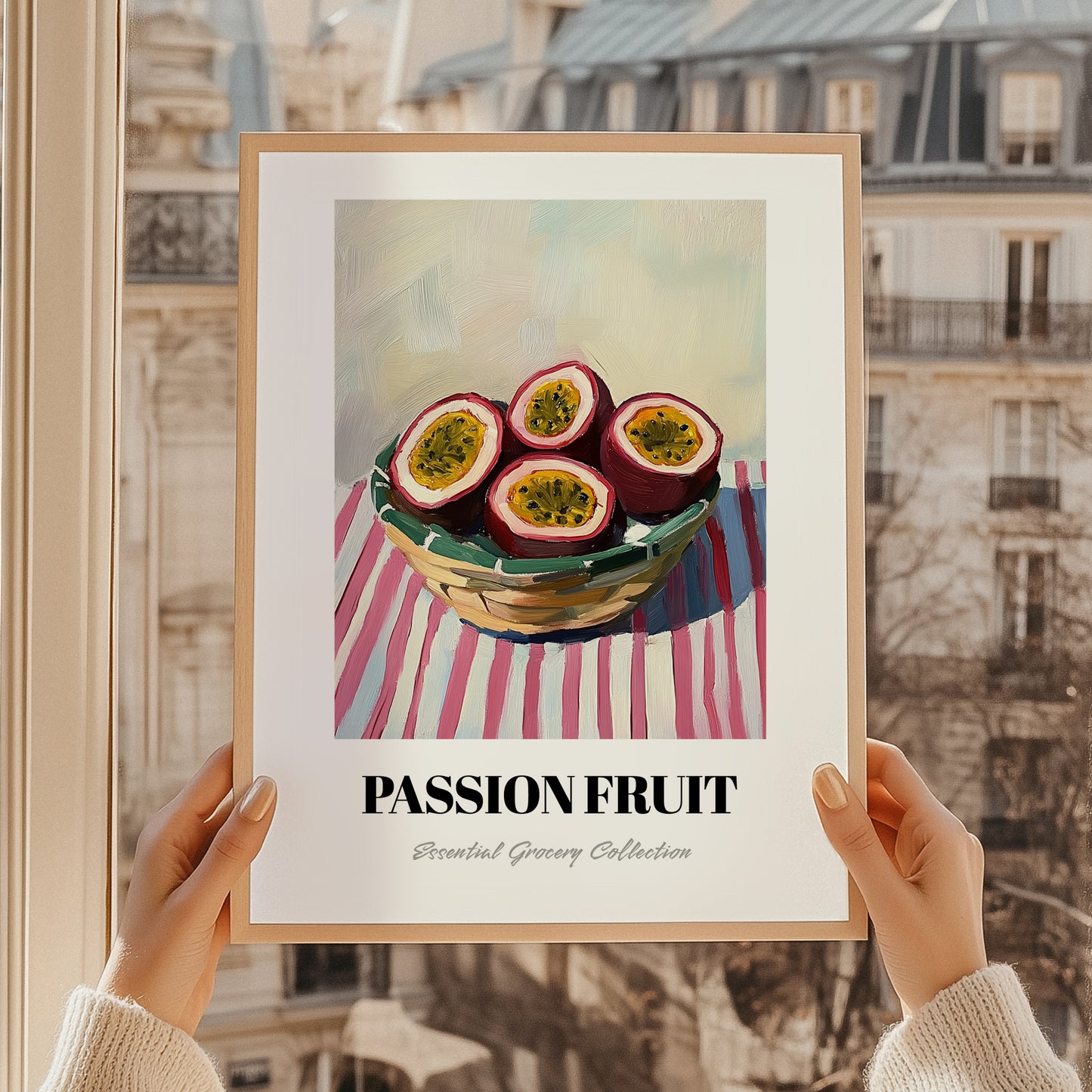 Passion Fruit – on Striped Tablecloth, Fruit Wall Decor, styled in a charming Paris street view