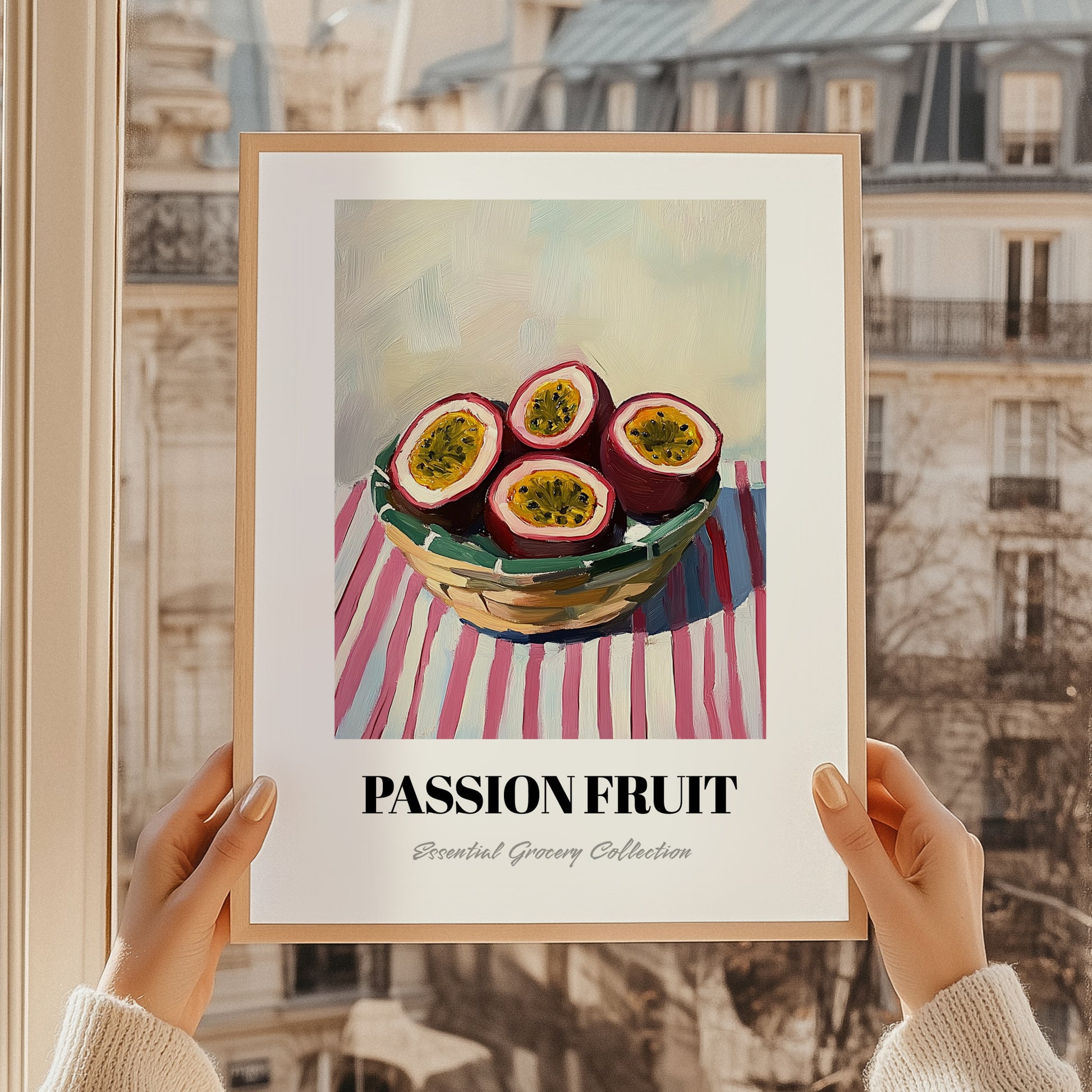 Passion Fruit – on Striped Tablecloth, Fruit Wall Decor, styled in a charming Paris street view