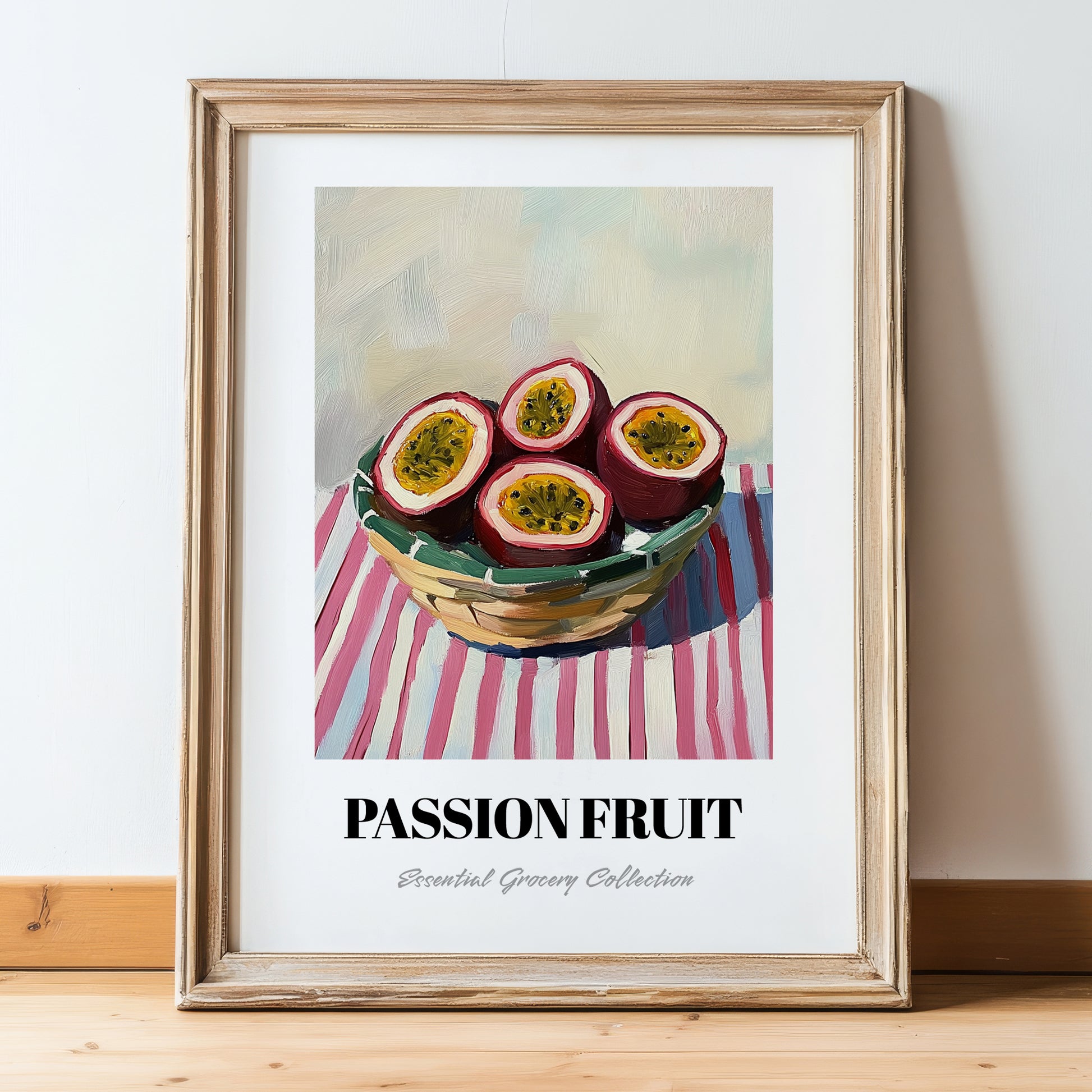 Passion Fruit – on Striped Tablecloth, Fruit Wall Decor, in wooden frame leaning on the floor