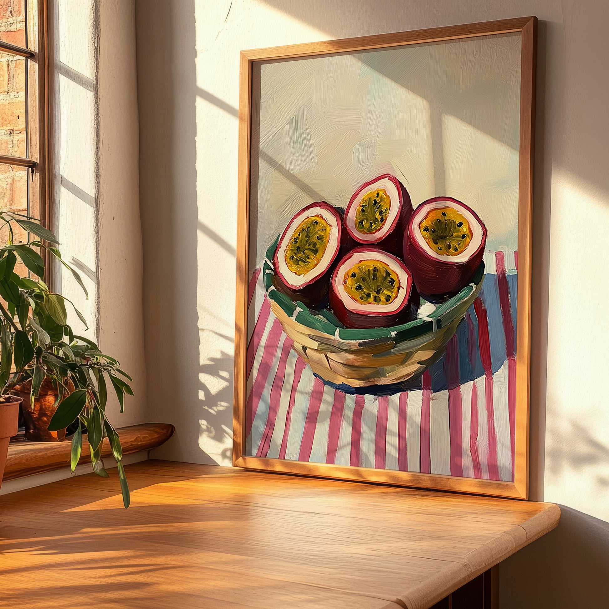 Passion Fruit – on Striped Tablecloth, Fruit Wall Decor, clean layout with no caption