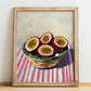 Passion Fruit – on Striped Tablecloth, Fruit Wall Decor, no-text version framed in wood