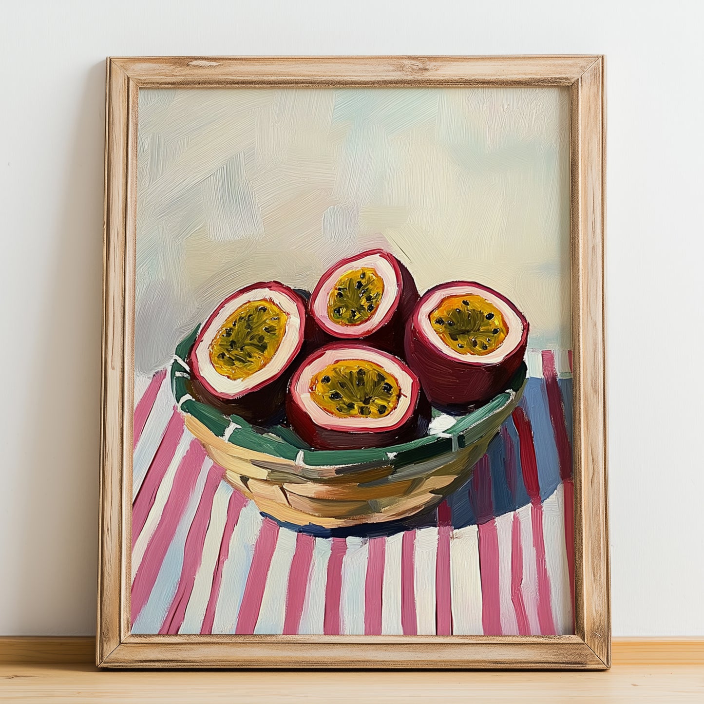 Passion Fruit – on Striped Tablecloth, Fruit Wall Decor, no-text version framed in wood