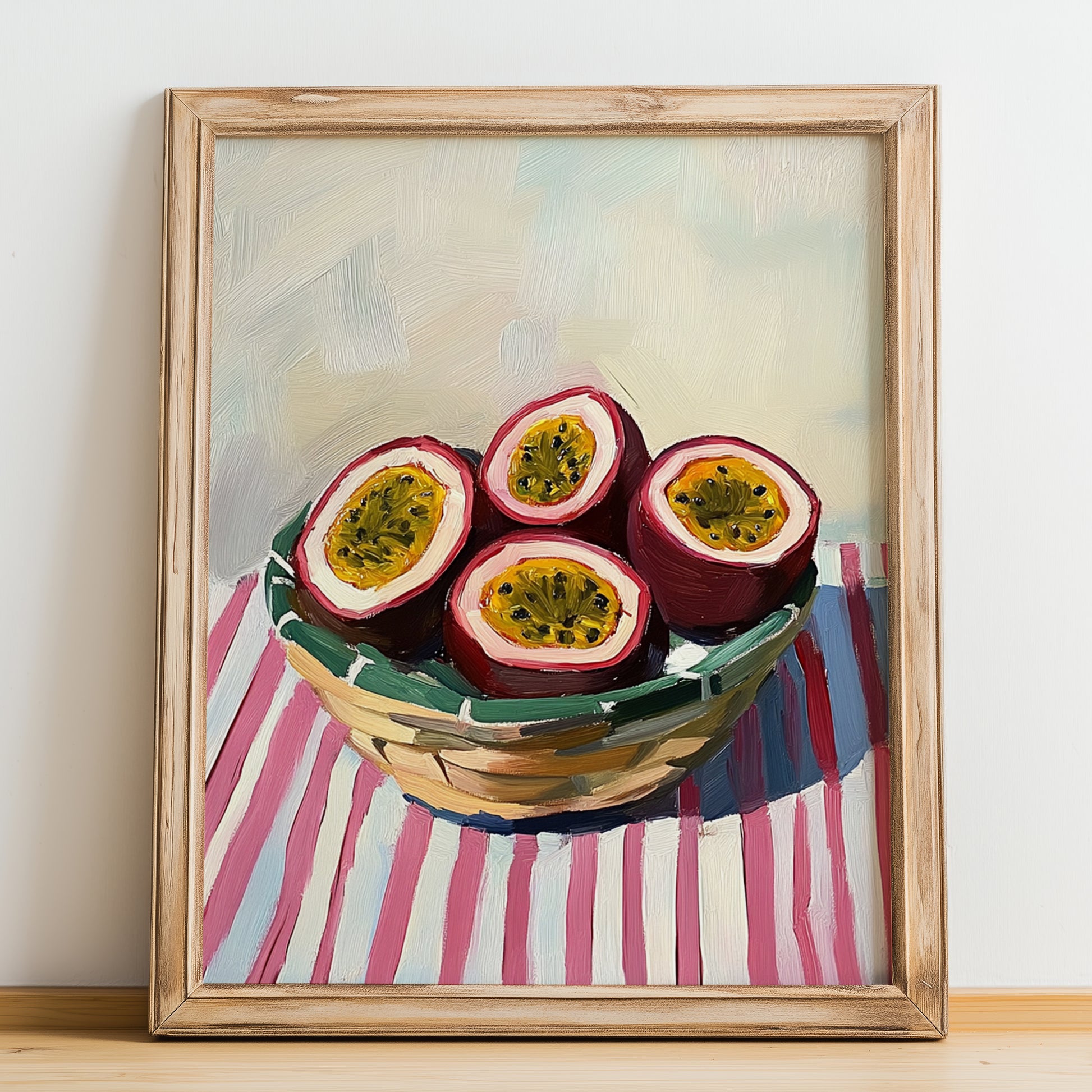 Passion Fruit – on Striped Tablecloth, Fruit Wall Decor, no-text version framed in wood