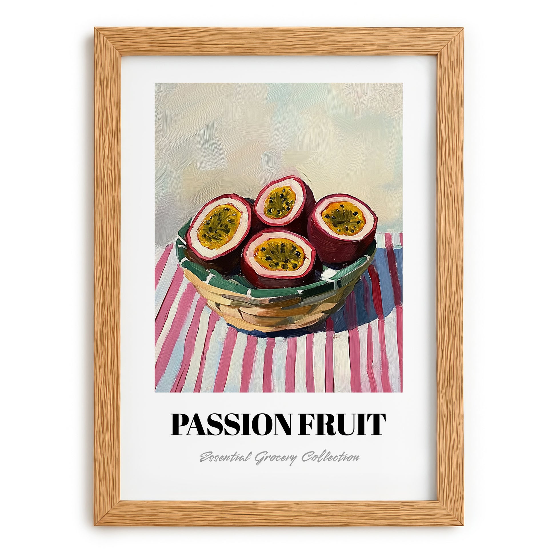 Passion Fruit – on Striped Tablecloth, Fruit Wall Decor, set in oak frame