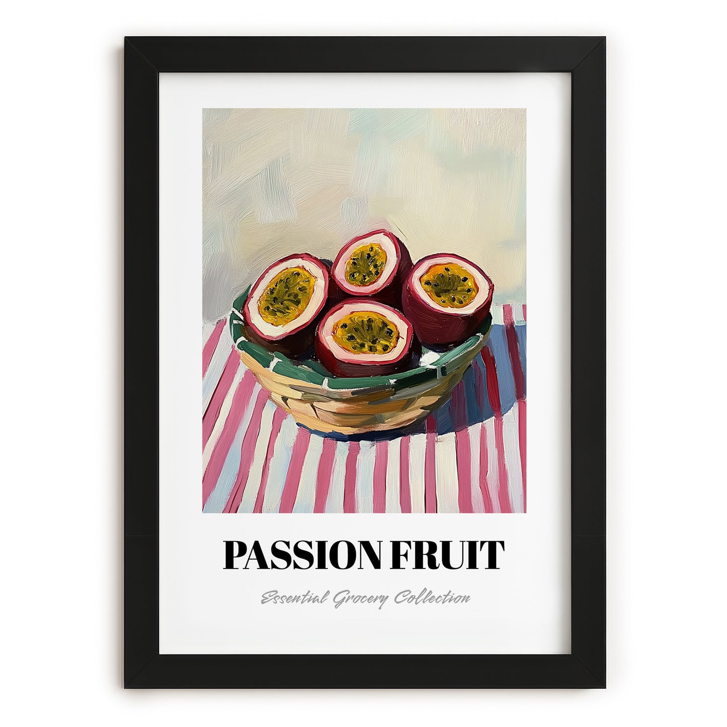 Passion Fruit – on Striped Tablecloth, Fruit Wall Decor, in sleek black frame