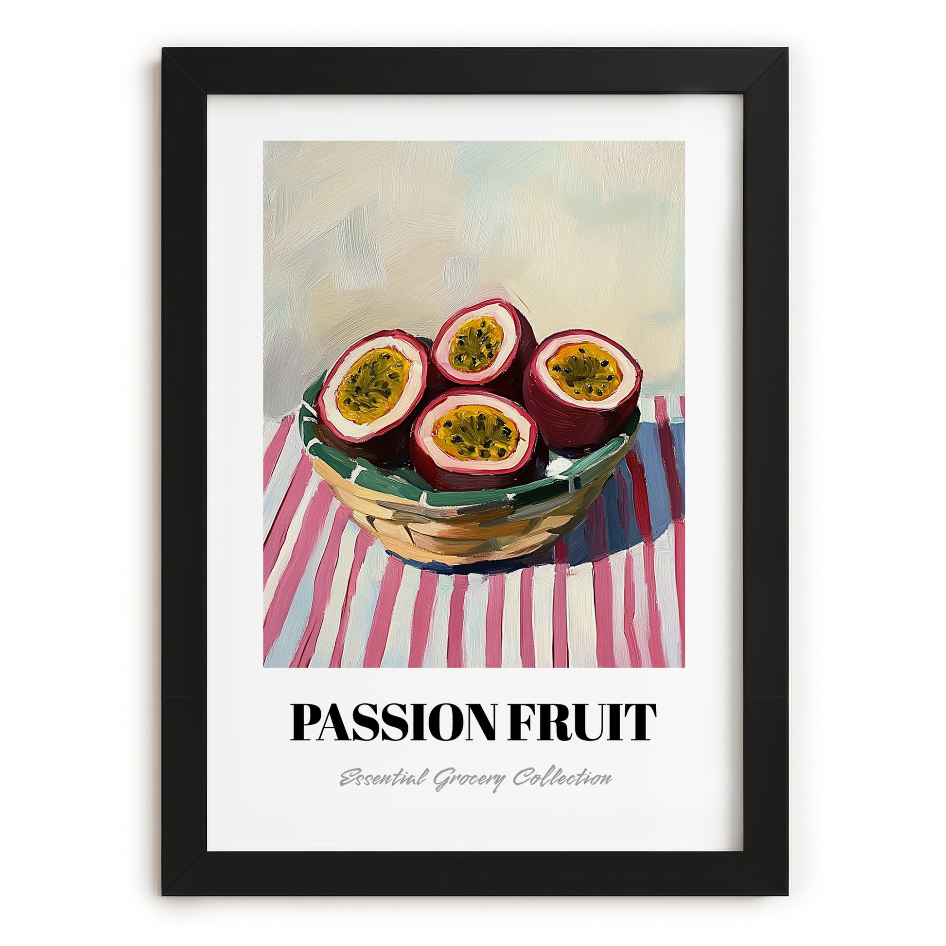Passion Fruit – on Striped Tablecloth, Fruit Wall Decor, in sleek black frame