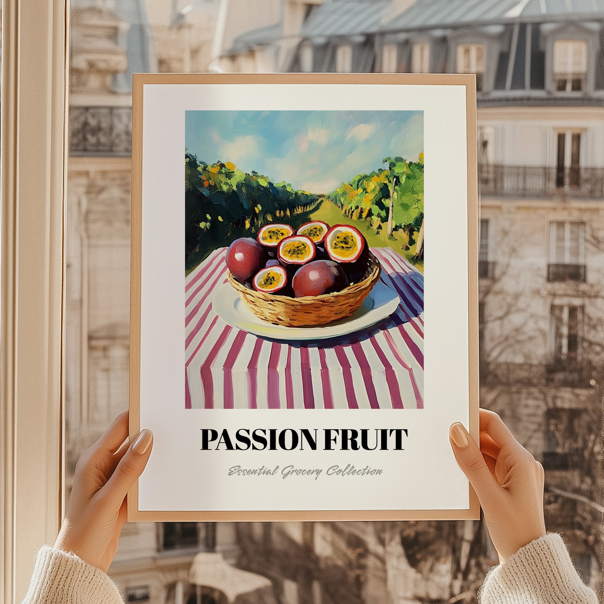 Passion Fruit – Green Valley Landscape, Fruit Print, styled in a charming Paris street view