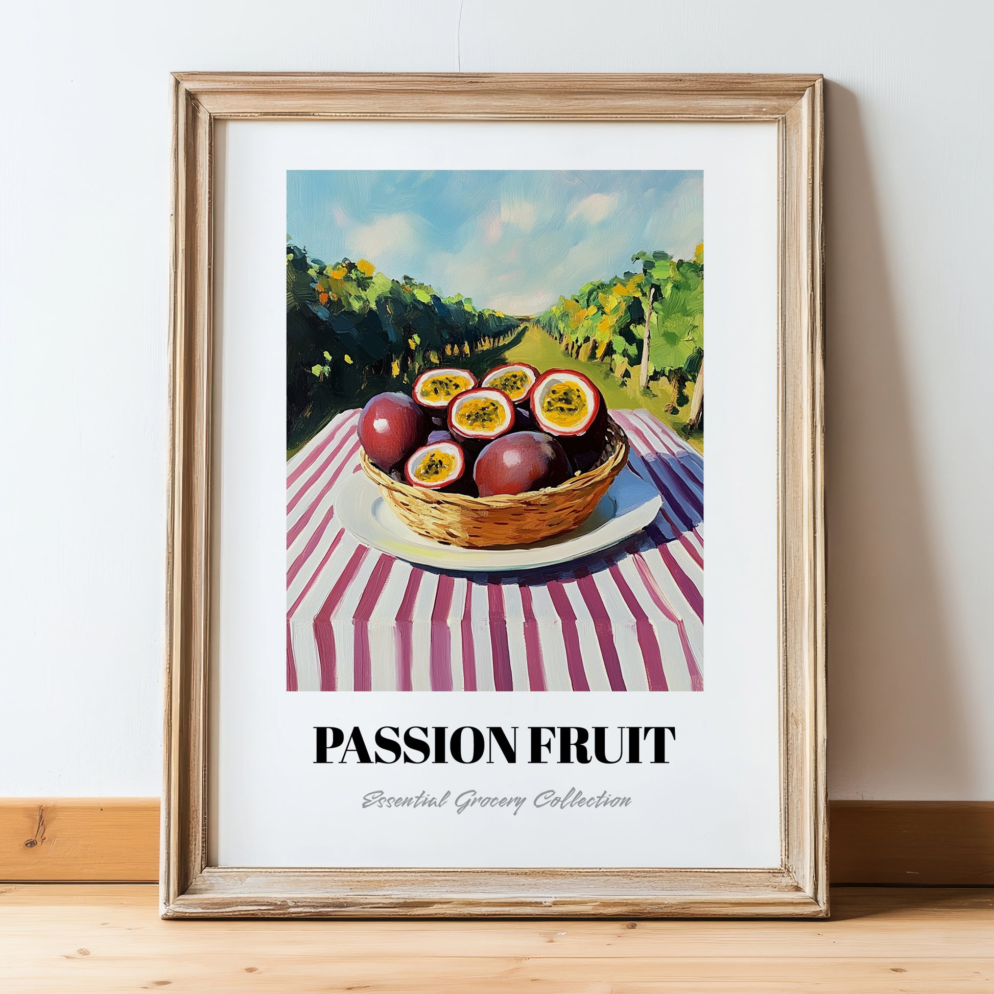 Passion Fruit – Green Valley Landscape, Fruit Print, in wooden frame leaning on the floor