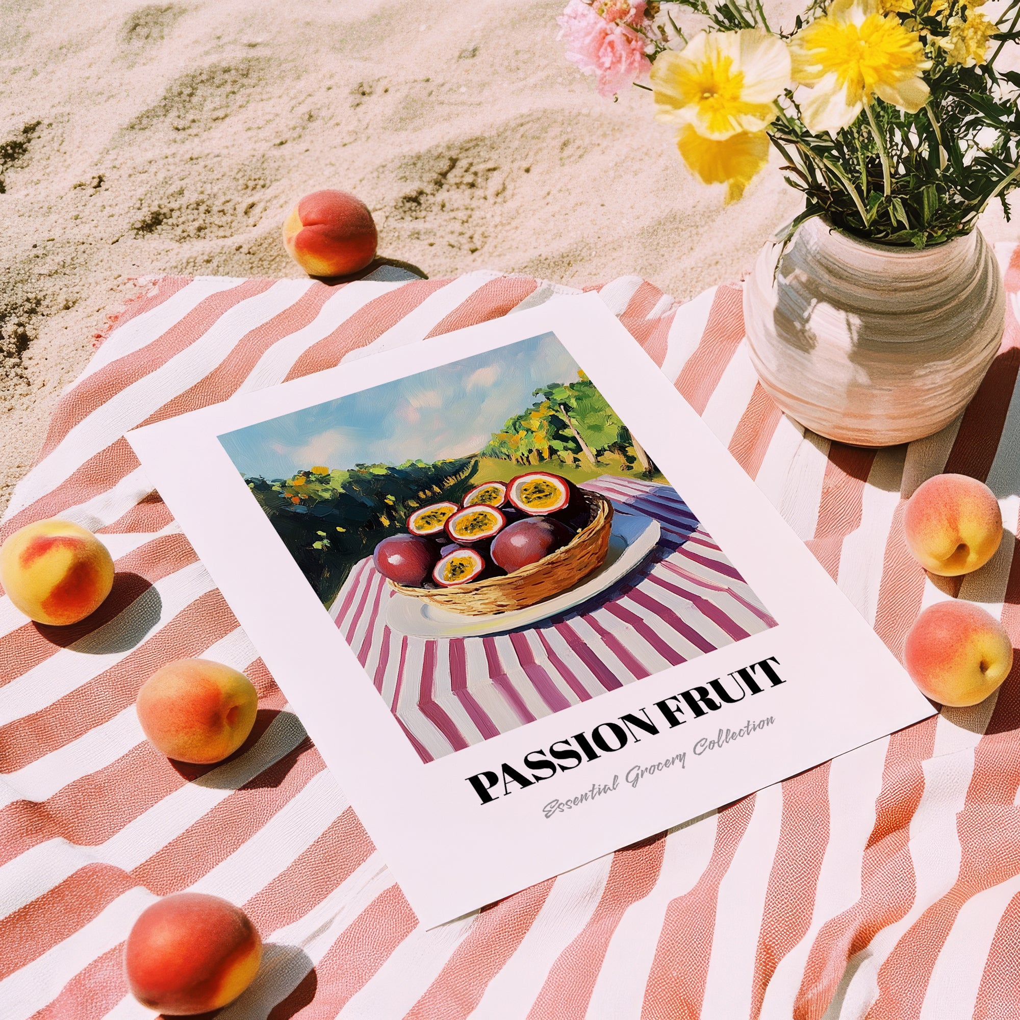 Passion Fruit – Green Valley Landscape, Fruit Print, unframed on coastal sand