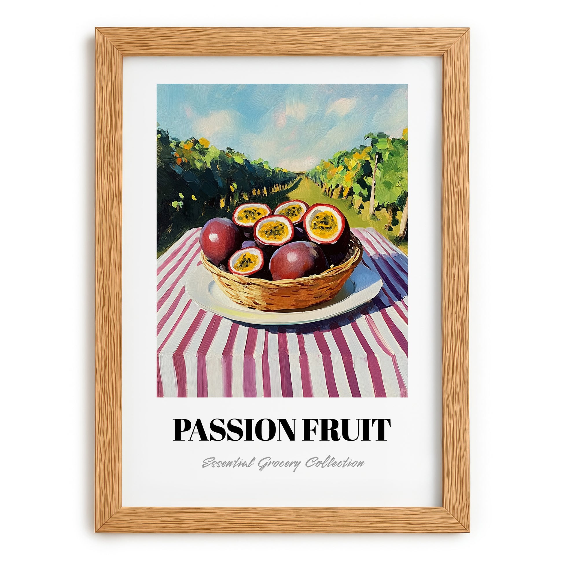 Passion Fruit – Green Valley Landscape, Fruit Print, set in oak frame