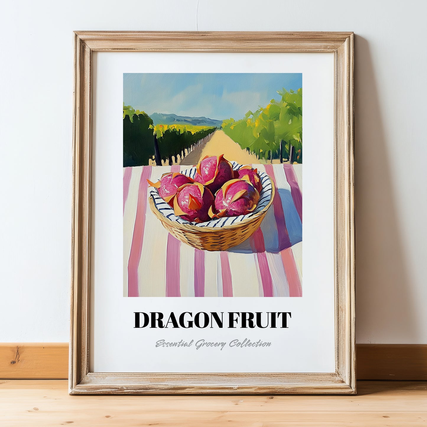 Dragon Fruit – Valley Café Scene, Fruit Poster, in wooden frame leaning on the floor