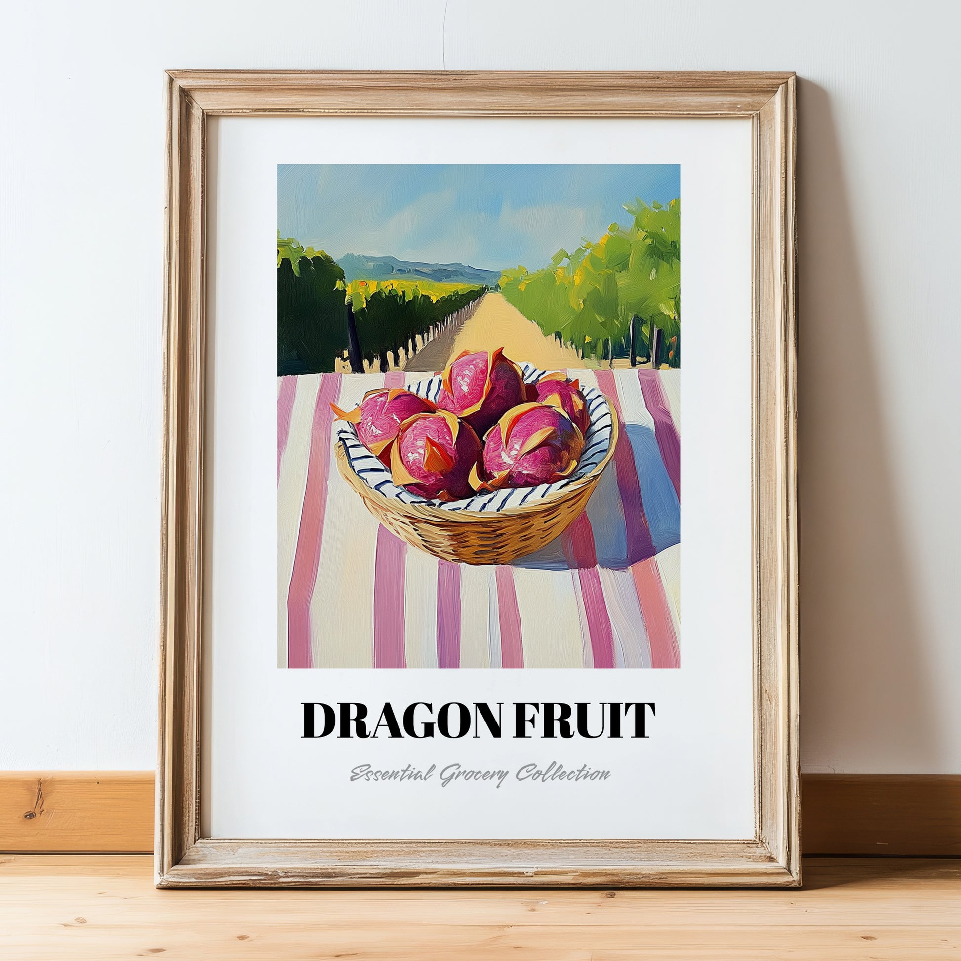 Dragon Fruit – Valley Café Scene, Fruit Poster, in wooden frame leaning on the floor