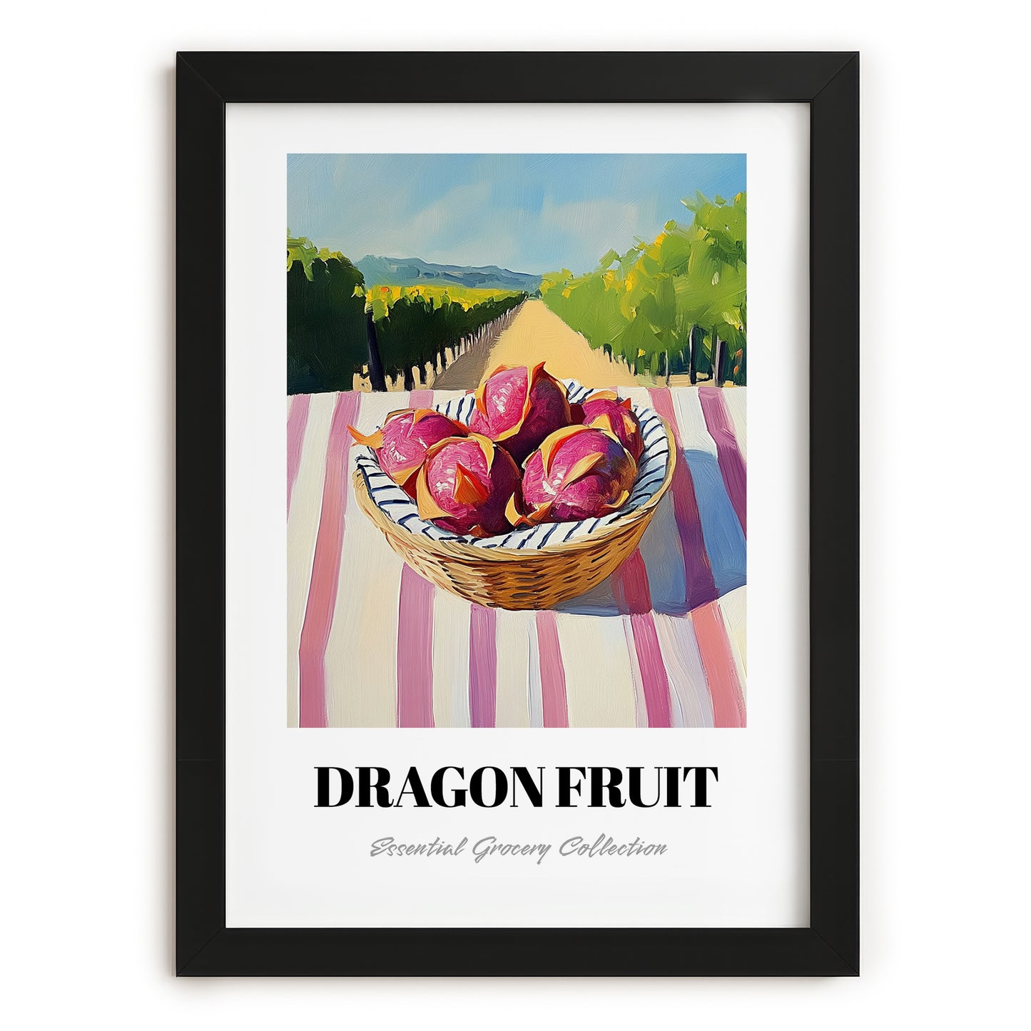 Dragon Fruit – Valley Café Scene, Fruit Poster, in sleek black frame