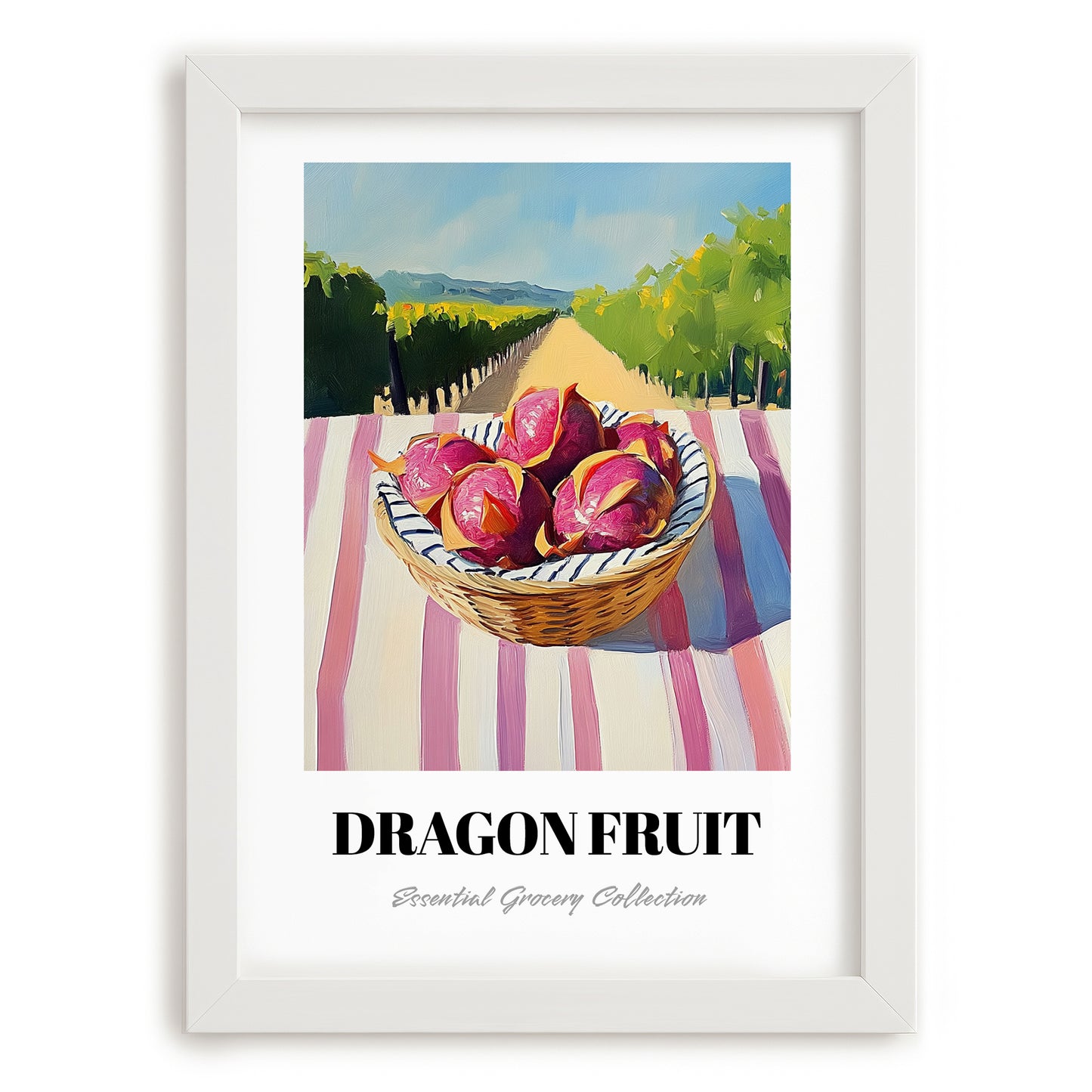 Dragon Fruit – Valley Café Scene, Fruit Poster, placed in minimal white frame