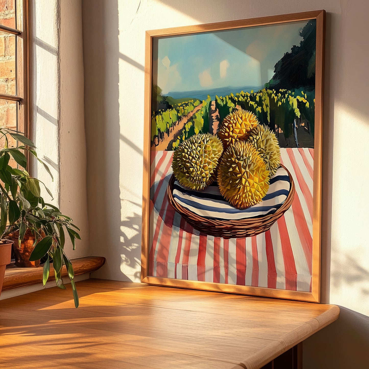 Durian – Valley Café Scene, Fruit Painting, clean layout with no caption