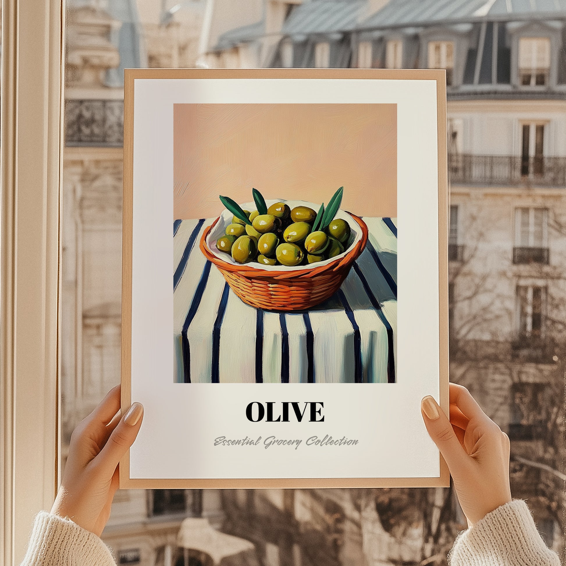 Olive – on Striped Tablecloth, Vegetable Wall Decor, styled in a charming Paris street view