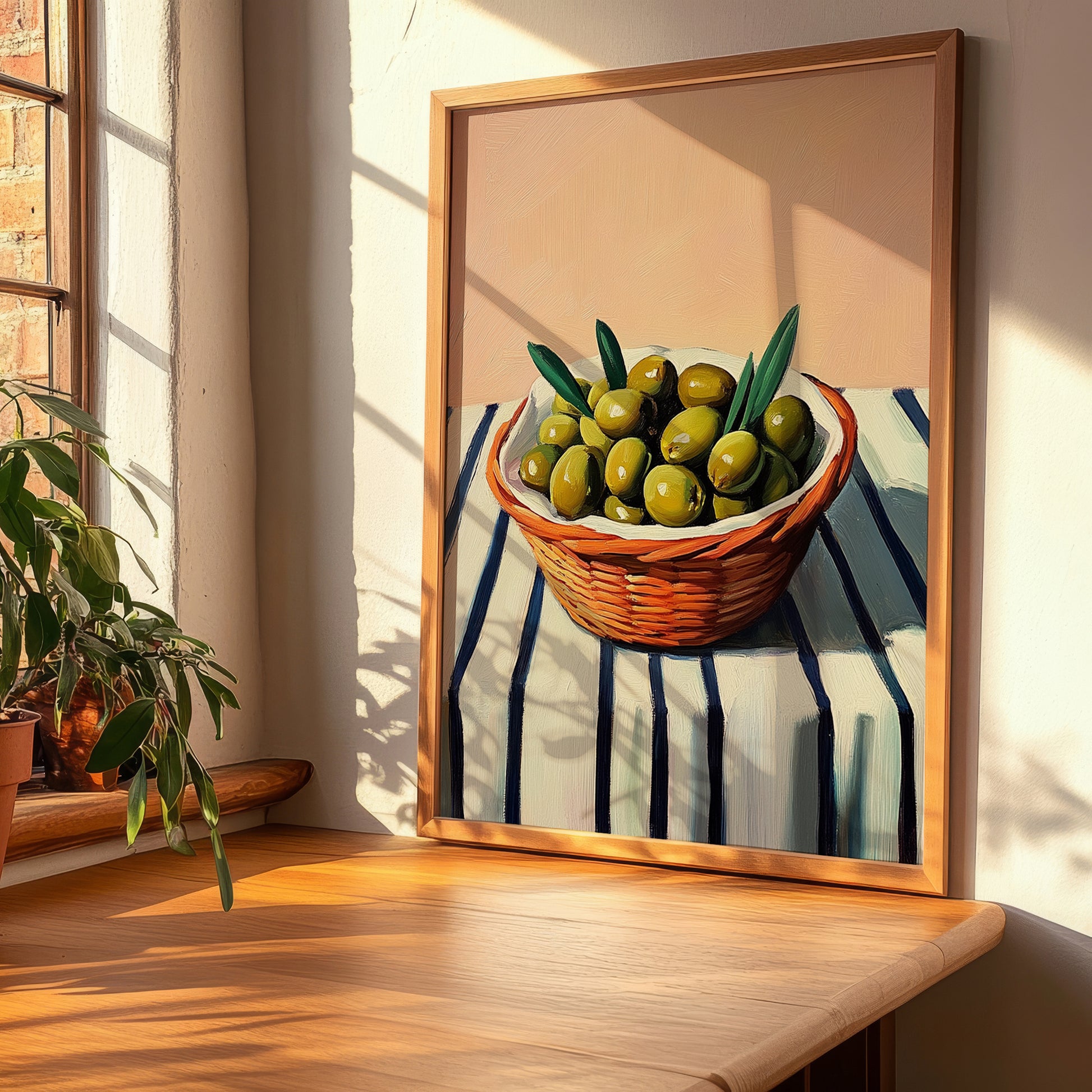Olive – on Striped Tablecloth, Vegetable Wall Decor, clean layout with no caption
