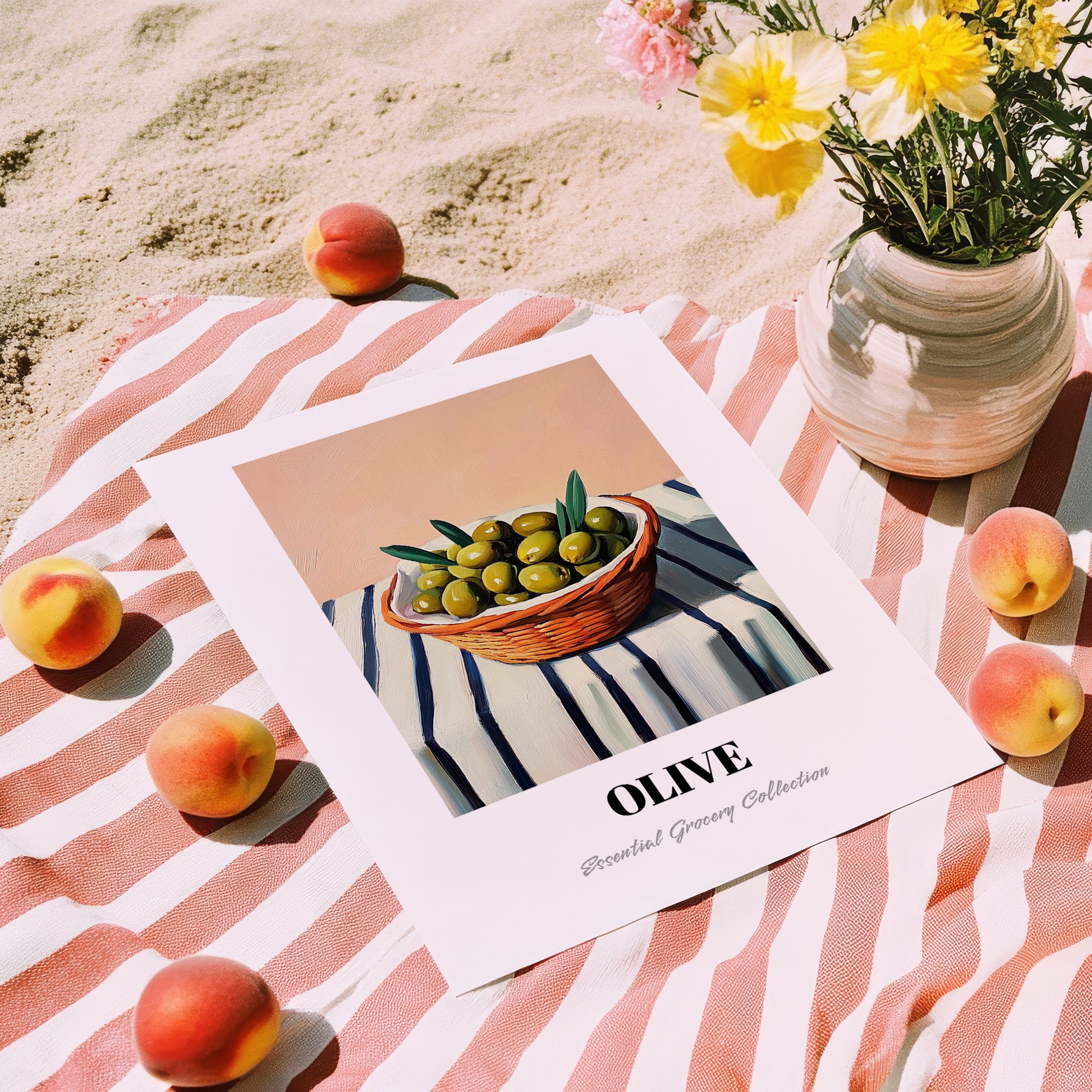 Olive – on Striped Tablecloth, Vegetable Wall Decor, unframed on coastal sand