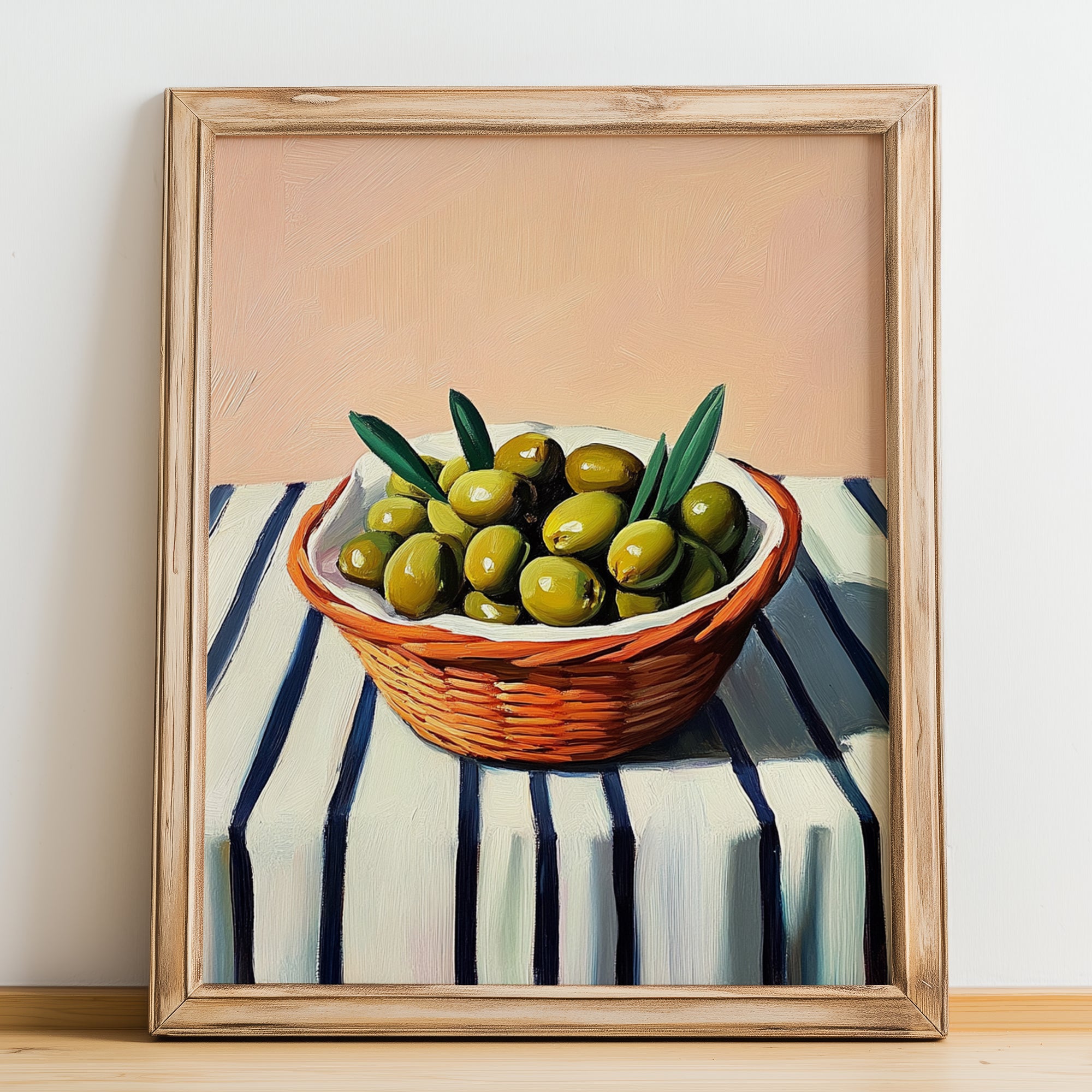 Olive – on Striped Tablecloth, Vegetable Wall Decor, no-text version framed in wood