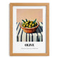 Olive – on Striped Tablecloth, Vegetable Wall Decor, set in oak frame