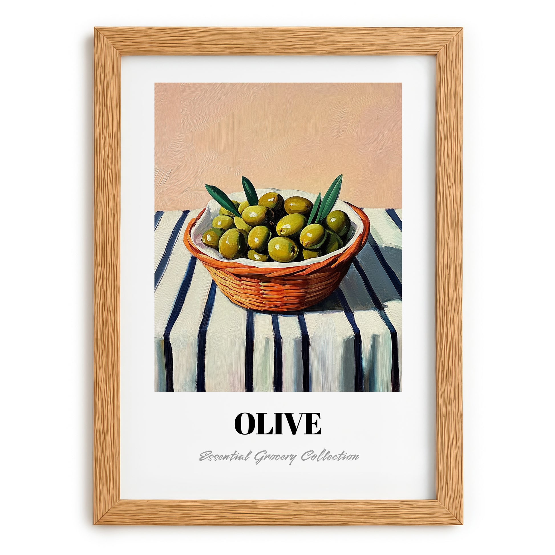 Olive – on Striped Tablecloth, Vegetable Wall Decor, set in oak frame