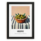 Olive – on Striped Tablecloth, Vegetable Wall Decor, in sleek black frame