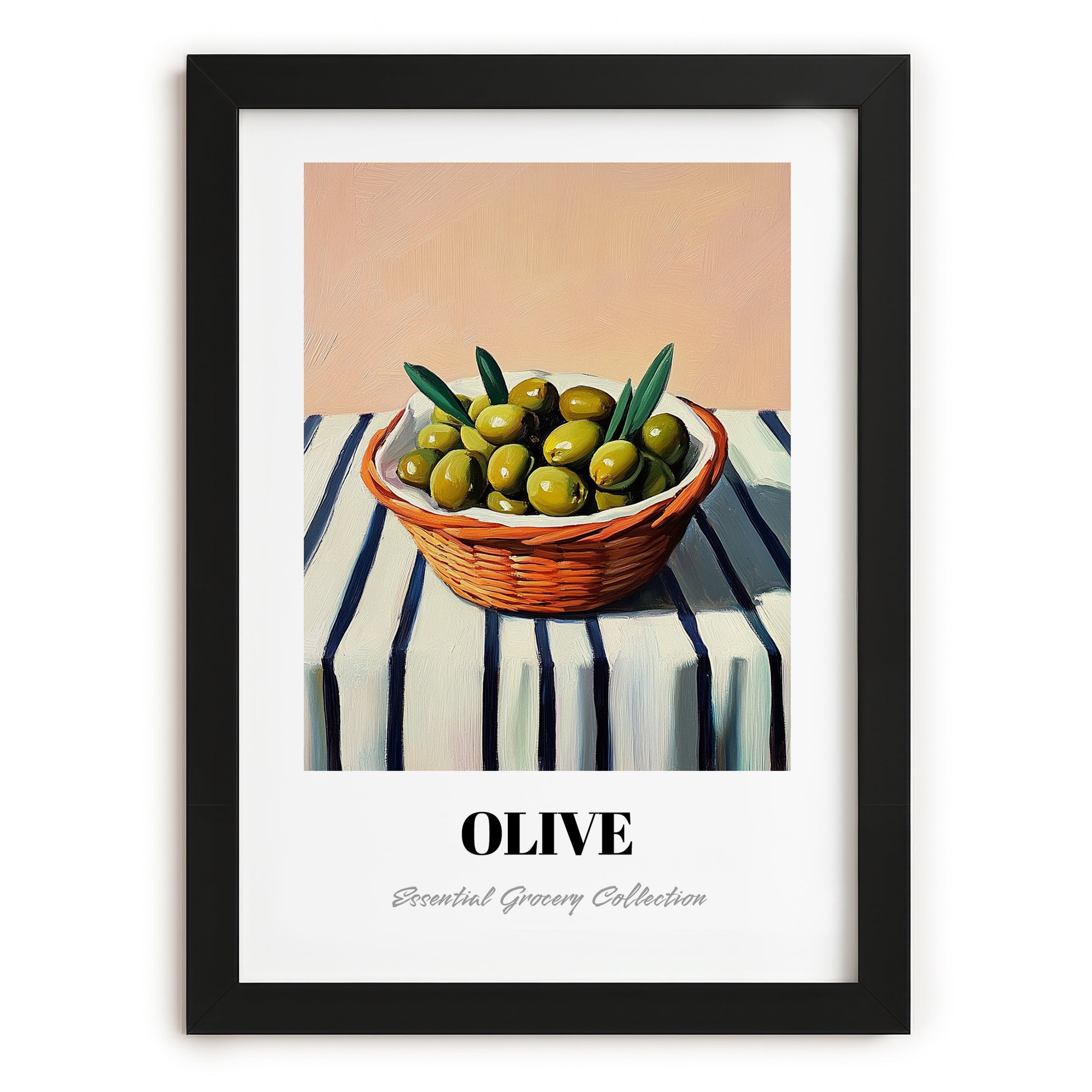 Olive – on Striped Tablecloth, Vegetable Wall Decor, in sleek black frame
