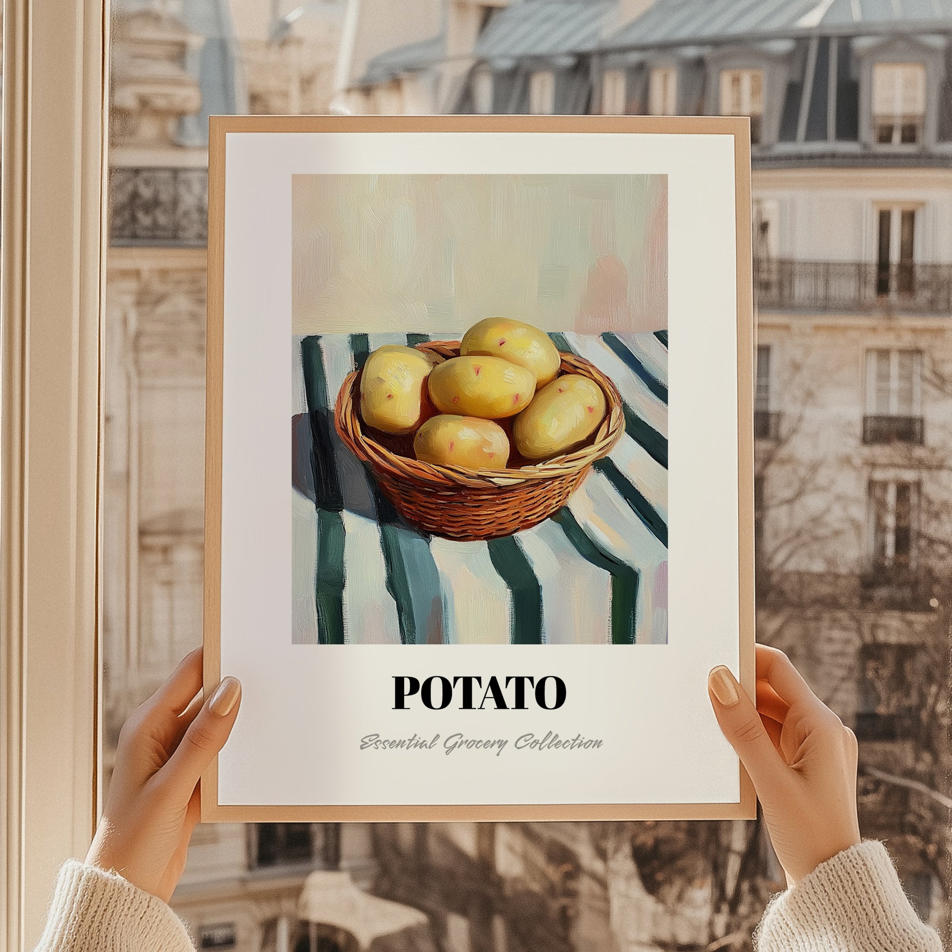 Potato – on Striped Tablecloth, Vegetable Painting, styled in a charming Paris street view