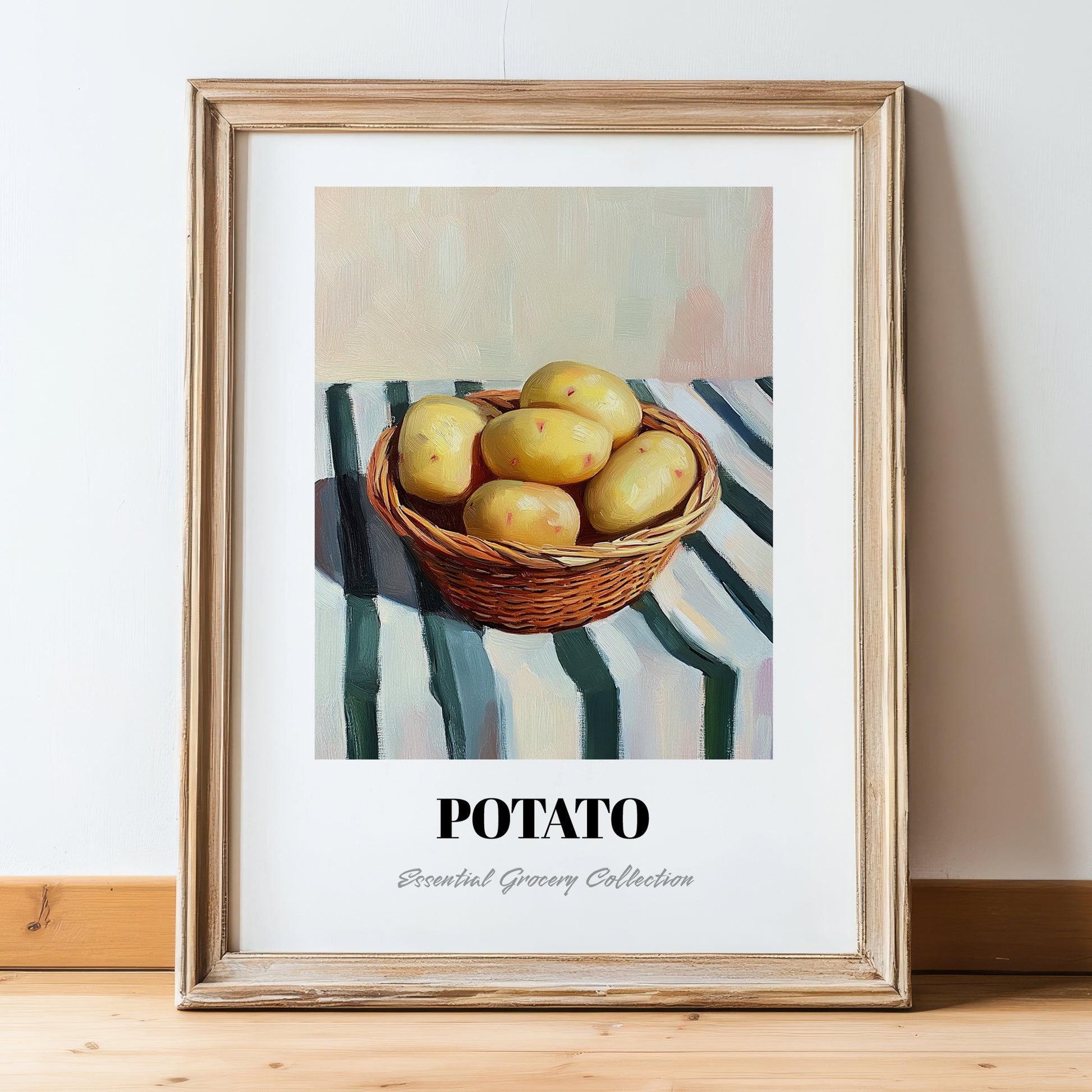 Potato – on Striped Tablecloth, Vegetable Painting, in wooden frame leaning on the floor